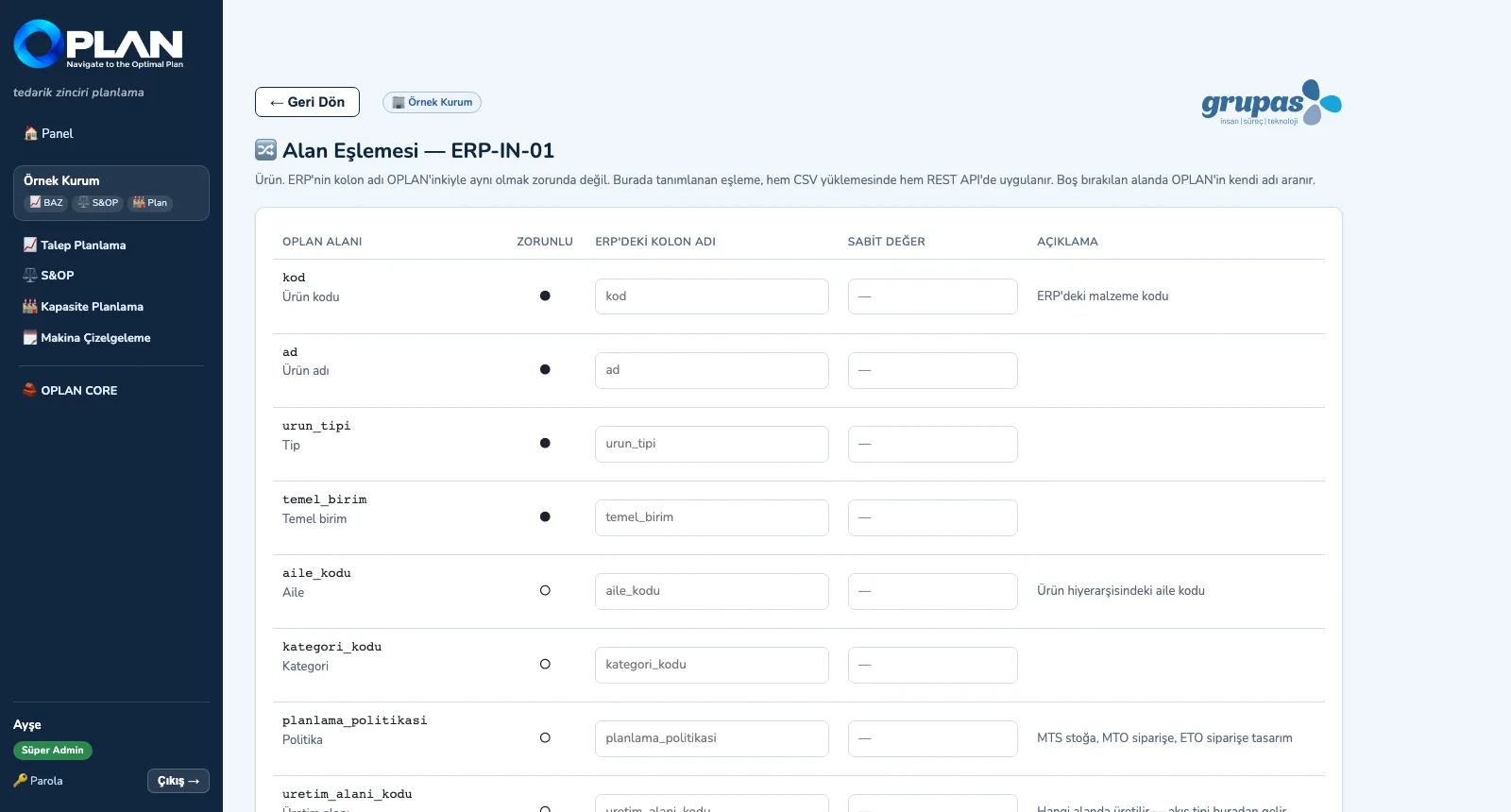 ERP/MES — Alanları eşleyin